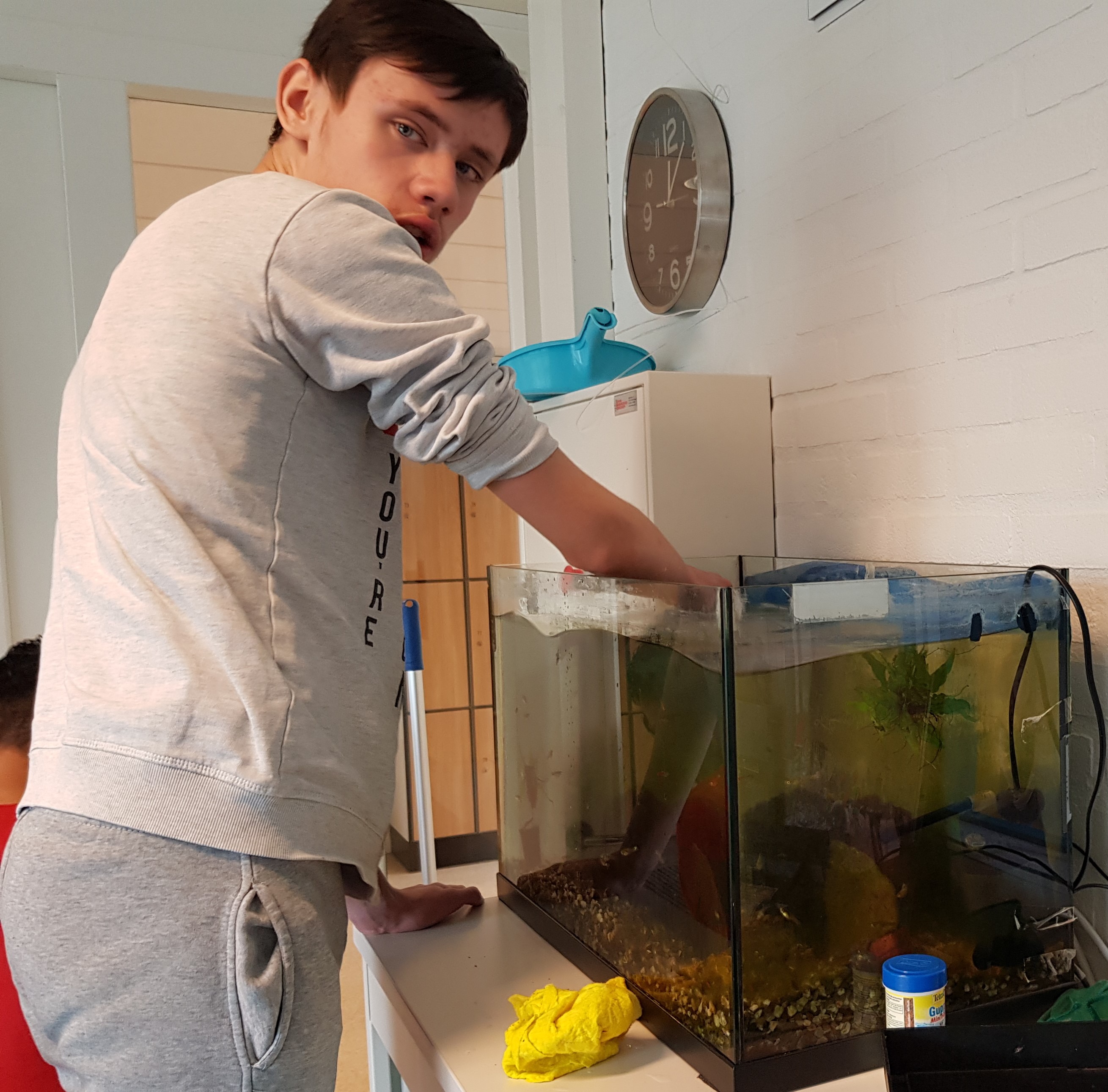 Thijs maakt het aquarium schoon.